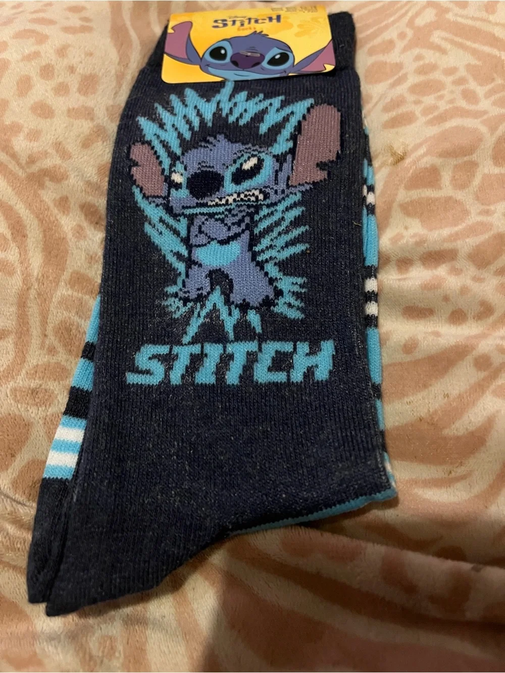 Disney Stitch Crew Socks Black Blue Adult Shoe Size 6.5-12 New With Tags